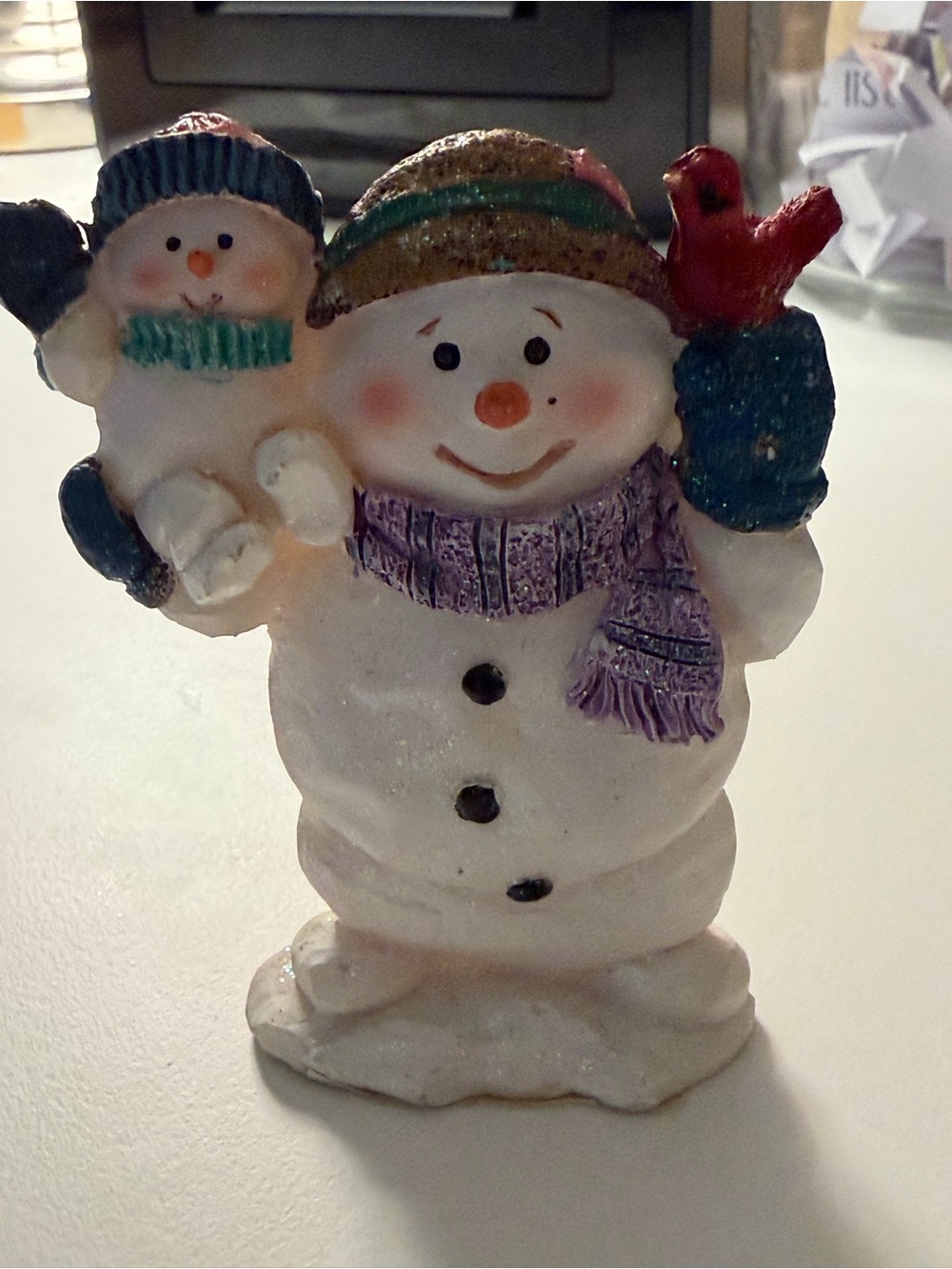 Vintage Snowman Figurine with Purple Scarf and Red Cardinal - Holiday Decor